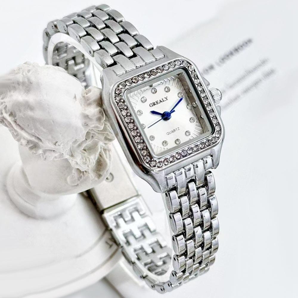 Elegant Women's Gold Square Watch with Silver Stainless Steel Band - Perfect Gift for Students
