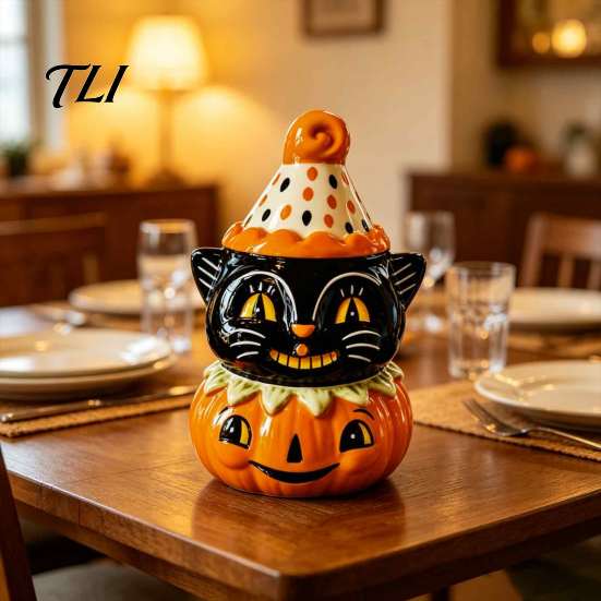 Halloween Souvenir Collection Black Cat Pumpkin Figurine, Cute Spooky on Hand Painted Craft Gift Resin Statue for Home Party Shelf Fireplace Tabletop