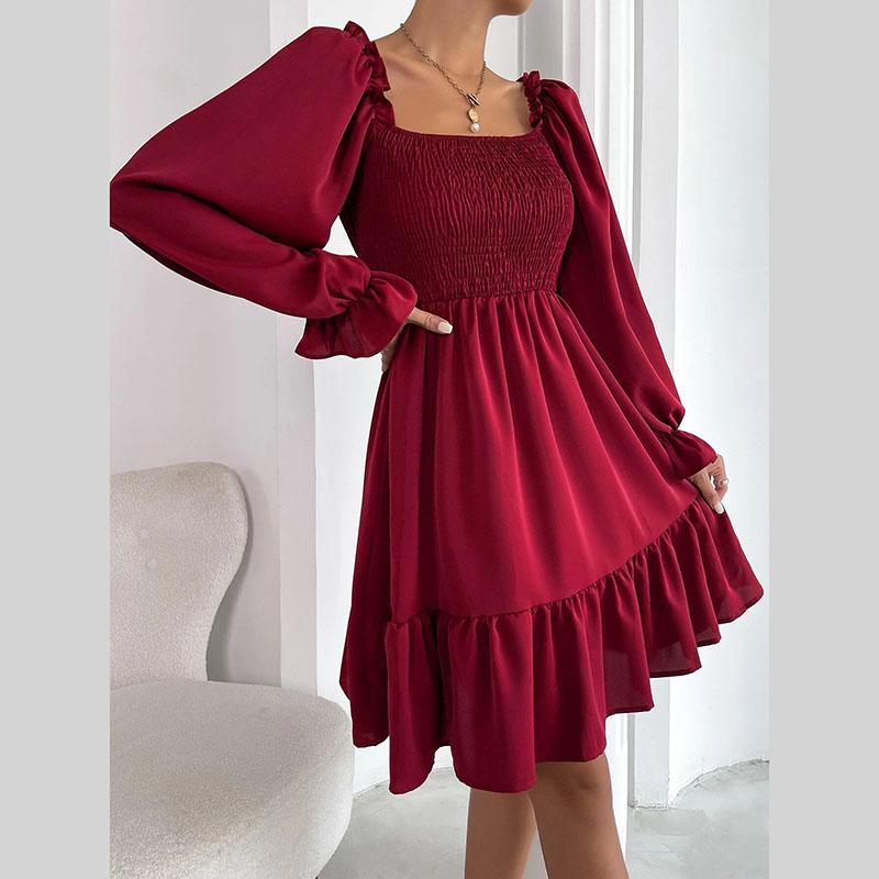 Женское весенне-осеннее платье с рукавами-фонариками, квадратным воротником и оборками, однотонное вечернее платье