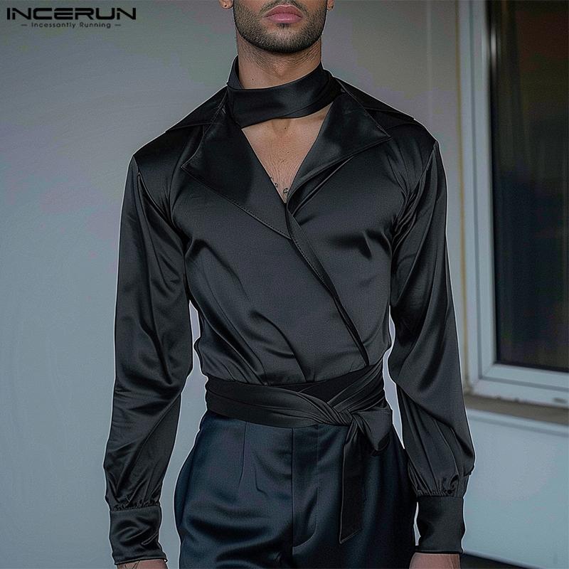 INCERUN Men V Neck Satin Shirts Solid Bandage Casual Party Tops
