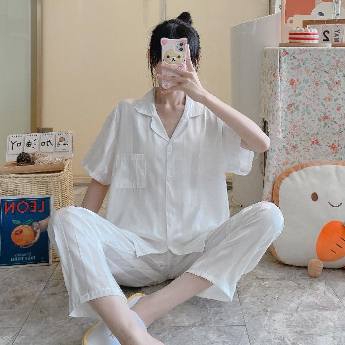 Summer Women's Ice Silk Pajamas Homewear Set Ins Korean Vertical Stripes Simple Pajamas Loose Girls Homewear Set