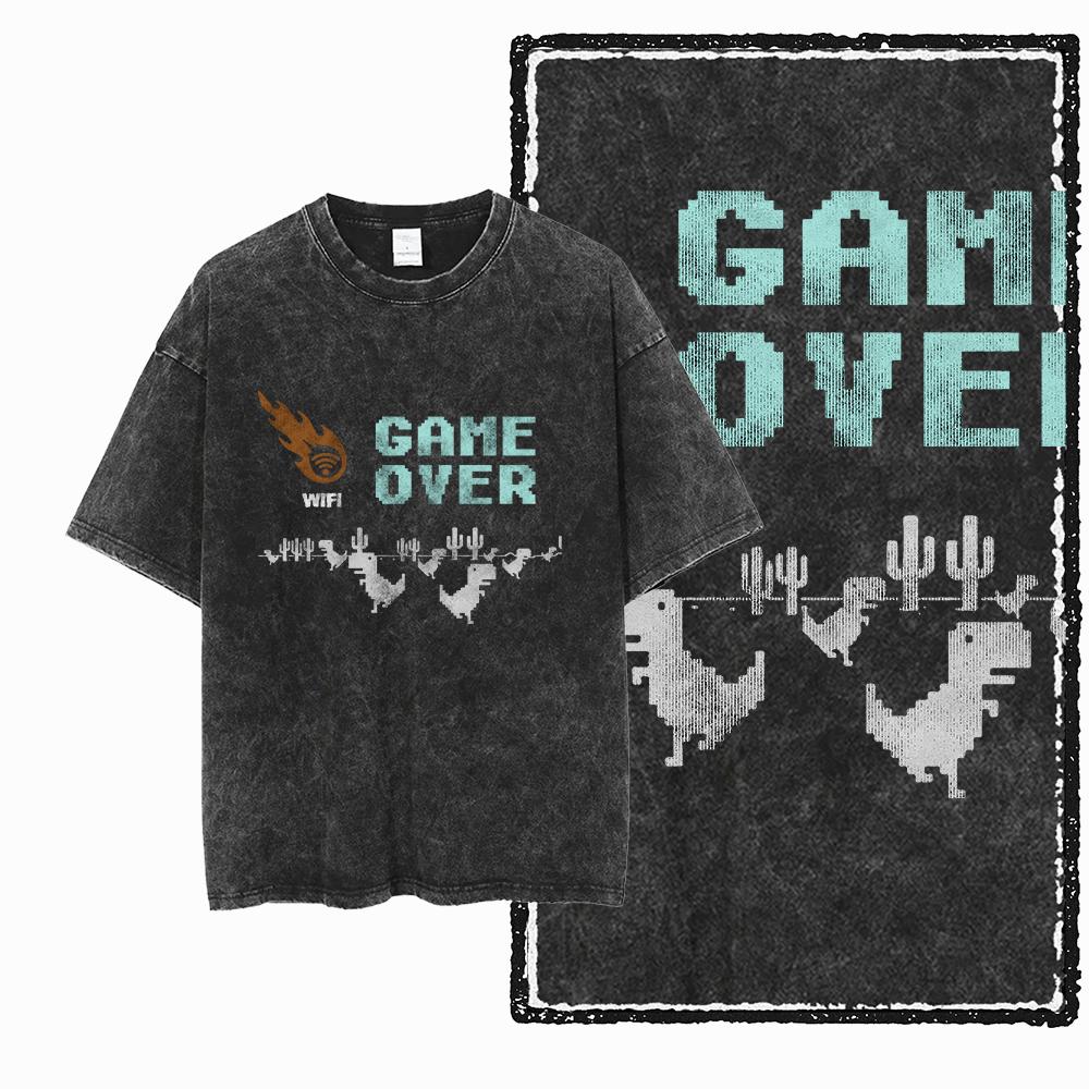 ZH DINO GAME THEME Printed Cotton Acid Washed Exclusive Graphic Unisex T Shirt Cool Streetwear Men Tshirts Big Size Tee for men