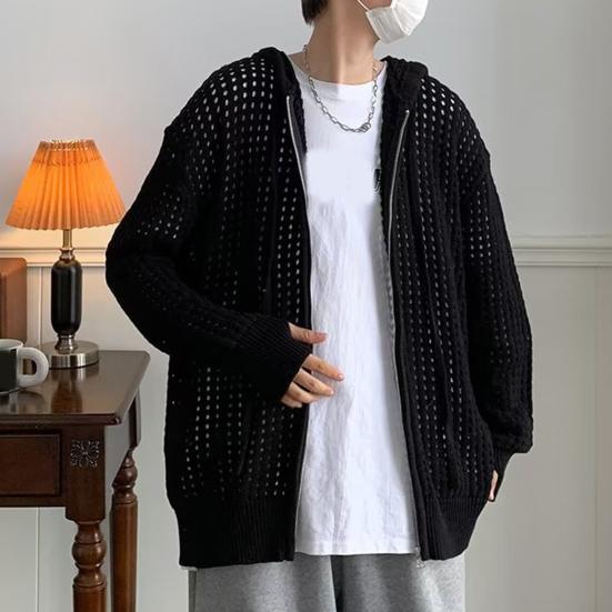 Мужской свитер с длинным рукавом, на молнии, однотонный, с ажурным дизайном, супермягкий, декоративный, полиэстер, мужской свитер-пальто с капюшоном, осень