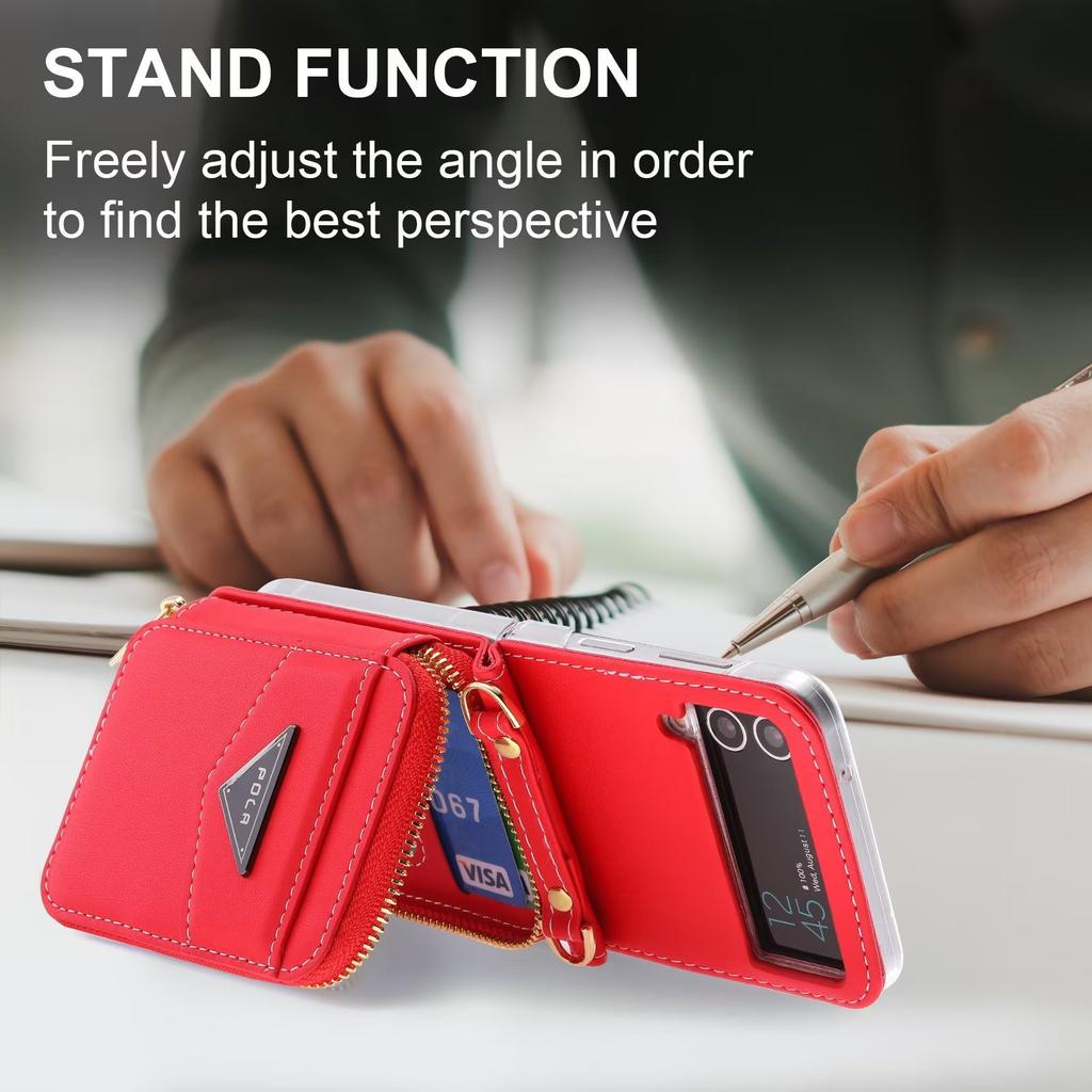 Подходит для Samsung Z Flip7 Чехол из кожи для мобильного телефона Z Flip5 Складной мобильный телефон Многофункциональная модная сумка на молнии Диагональная сумка