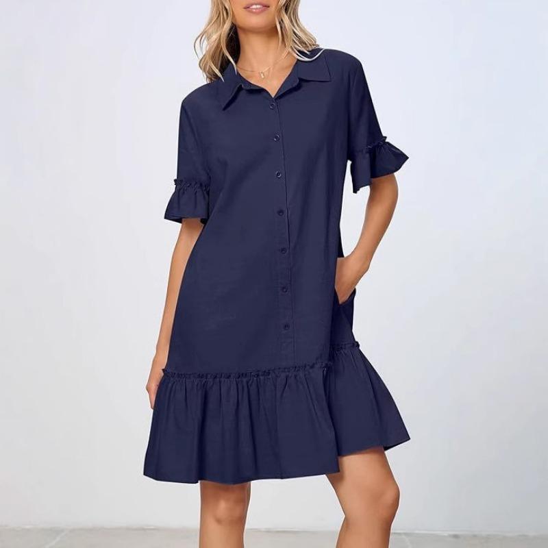 Lapel Collar Full Button Front Shirt Ruffle Straight Loose Shift Dress With Side Pockets Preppy College Style Breathable Vacation Flowy Women Sundress