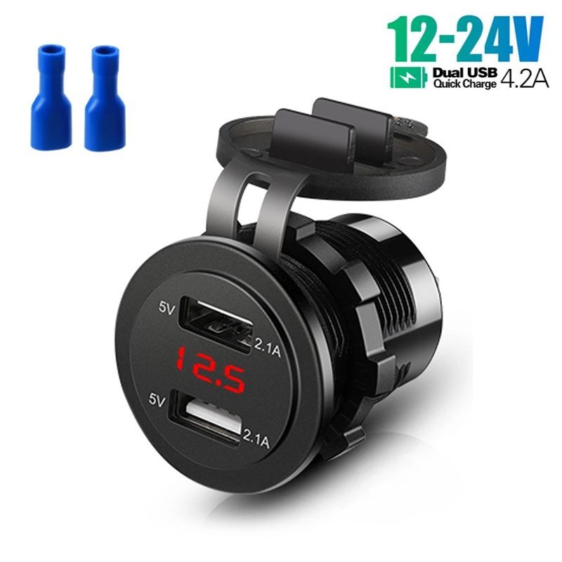 Двойной USB 4.2A для автомобиля, лодки, мотоцикла, трактора, прикуривателя, модифицированное автомобильное зарядное устройство, быстрая зарядка с дисплеем напряжения, зеленый свет 12-24 В, универсальное