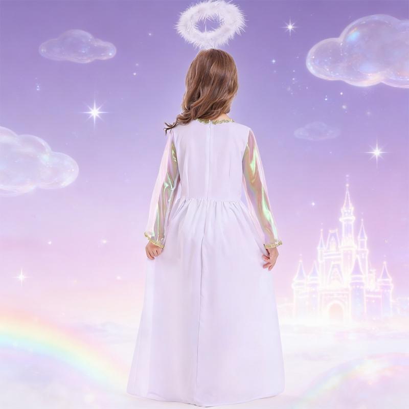 Elegant Long Sleeve Angel Dress With Gold Edging And Wing Attachments Costume Outfit Ideal For Stage Performances