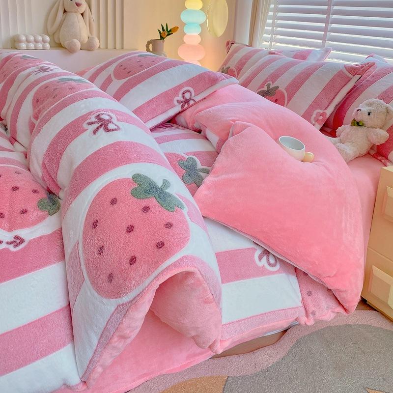Snowflake Fleece Four-Piece Set, Thickened Milk Coral Fleece Quilt Cover, Double-Sided Fleece Quilt Cover, Bed Sheet, Bed Hat Three-Piece Set
