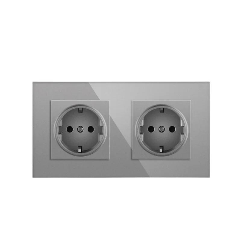 Сенсорный выключатель света из серого закаленного стекла европейского стандарта с разъемом USB C, настенный выключатель 220 В вкл./выкл., круглая нижняя коробка с двумя розетками