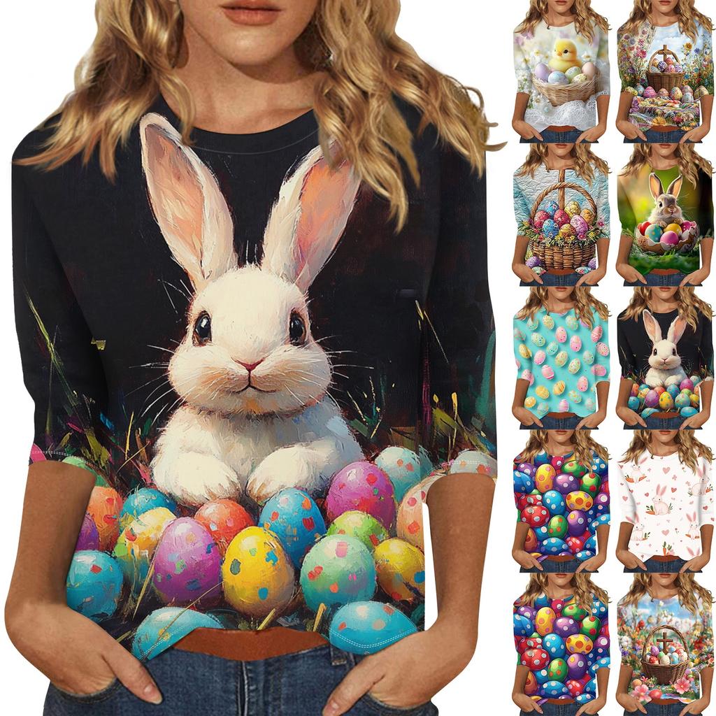 Women's Fashion Loose Casual Seven Sleeve Printed Round Neck Top