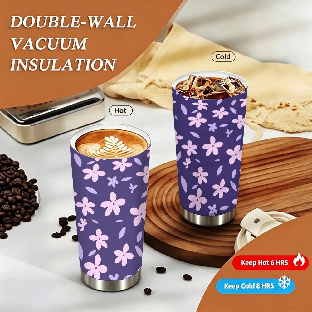 Cute Purple Floral Print Stainless Steel Insulated Coffee Tumbler Vacuum Travel Mug Reusable Cup for Office School Gift Idea