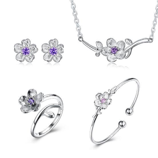 Hot Fashion 925 Sterling Silver Pink Zircon Cherry Blossoms Flower Necklace+Earrings+Bracelet+Ring Jewelry Sets for Women Girl