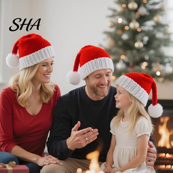 Soft Waxy Winter Hat for Adults Santa Hat, Red Knitted Christmas Kids Adults, Warm Festive Headgear Xmas Party with White Pompom Holiday Accessory