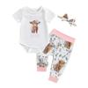 Baby Girl 3 Piece Summer Set, Cattle Print Short Sleeve Romper Elastic Waist Pants Bow Headband Toddler Outfits
