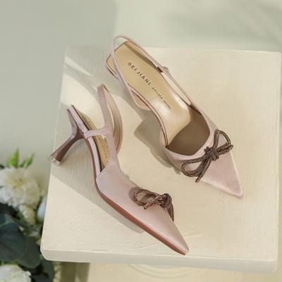 Женские сандалии Trend Rhinestone Bow High Heels Sandals Back Remezzo Head Light Mouth Satin Single Shoes Purple Women Shoes