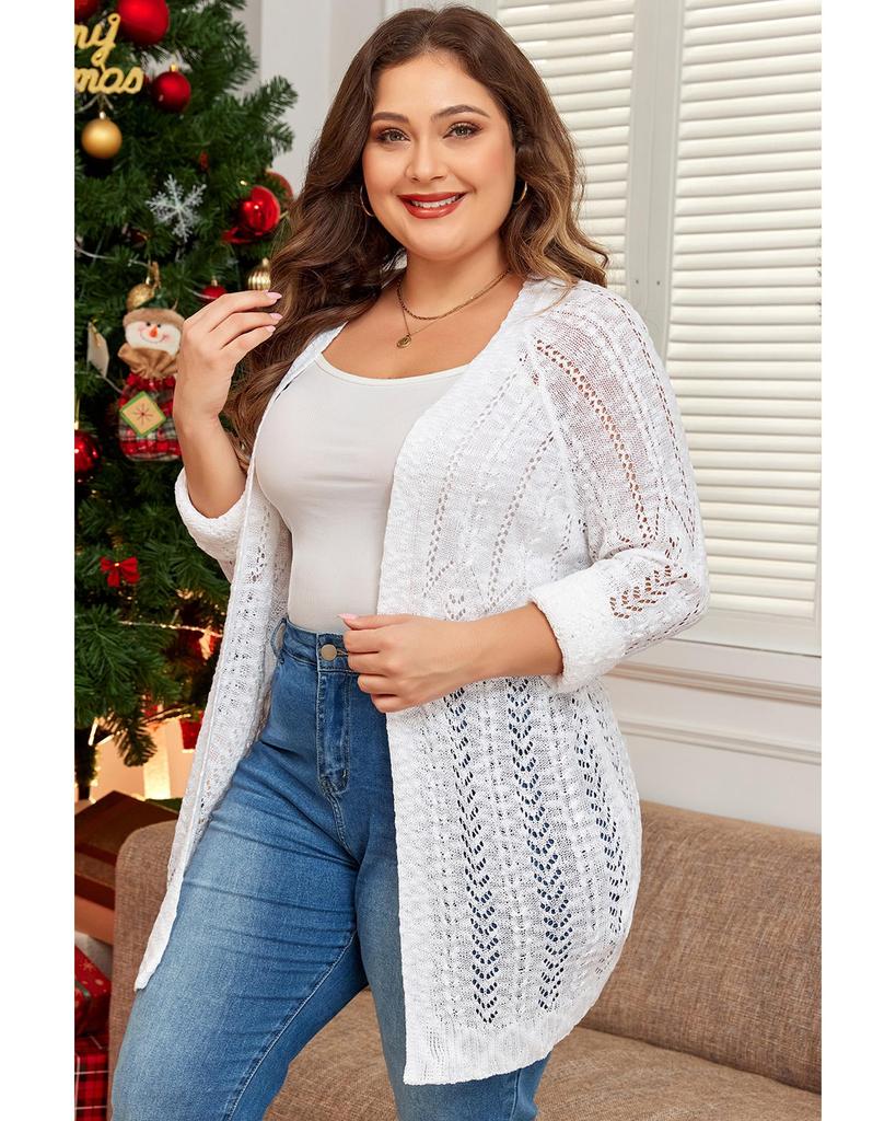 Azura Exchange White Plus Size Eyelet Knit Open Front Cardigan