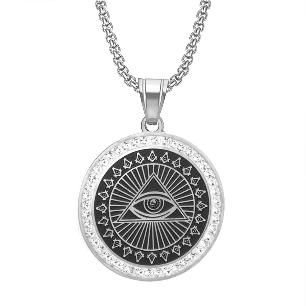 Хип-Хоп Ледяной Всевидящее Око Кулон Мужской Золотой Серебряный Цвет Нержавеющая Сталь Круглая Цепочка Для Мужчин Масонские Украшения Подарок на День Рождения