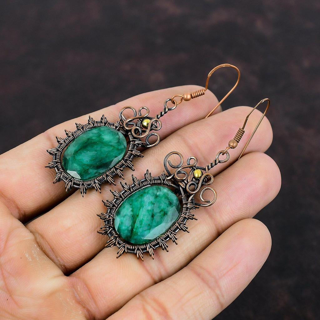 Серьги с ограненным замбийским изумрудом, серьги с медной проволокой, замечательные серьги с драгоценными камнями, медные украшения для подарка, украшения ручной работы из проволоки