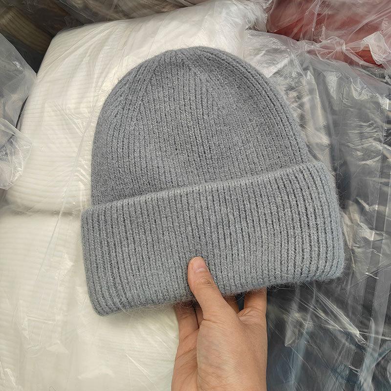 White rabbit fur knitted thickened ear protector wool hat for women's autumn and winter big head circumference loose and small face, warm bag head col