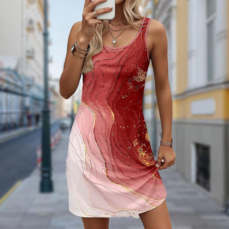 Женское платье из двух частей с имитацией розового цветка и мраморным принтом без рукавов и круглым вырезом, свободное, мягкое и удобное, большого размера