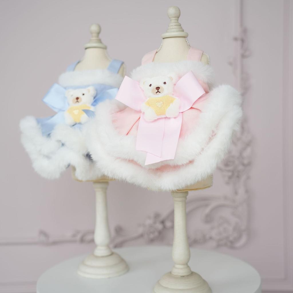 Осенне-зимнее плюшевое кружевное платье на бретельках для домашних животных, милое пальто с медведем, шерстяная юбка с медведем на бретельках, одежда для маленьких собак в виде плюшевого мишки