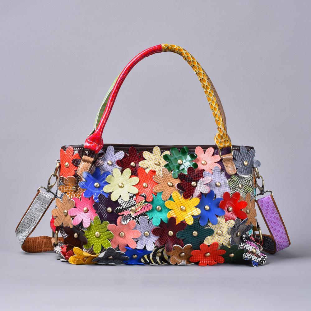 Genuine Leather Women's Handbag Snake-patterned Flower Color-matching Single-shoulder Lady's Handbag