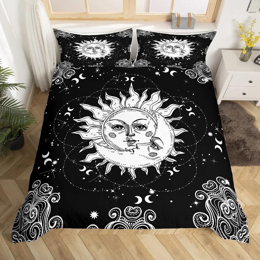 Комплект постельного белья Mandala с изображением солнца и луны, комплект постельного белья из полиэстера с черно-белым ботаническим и цветочным узором в экзотическом стиле