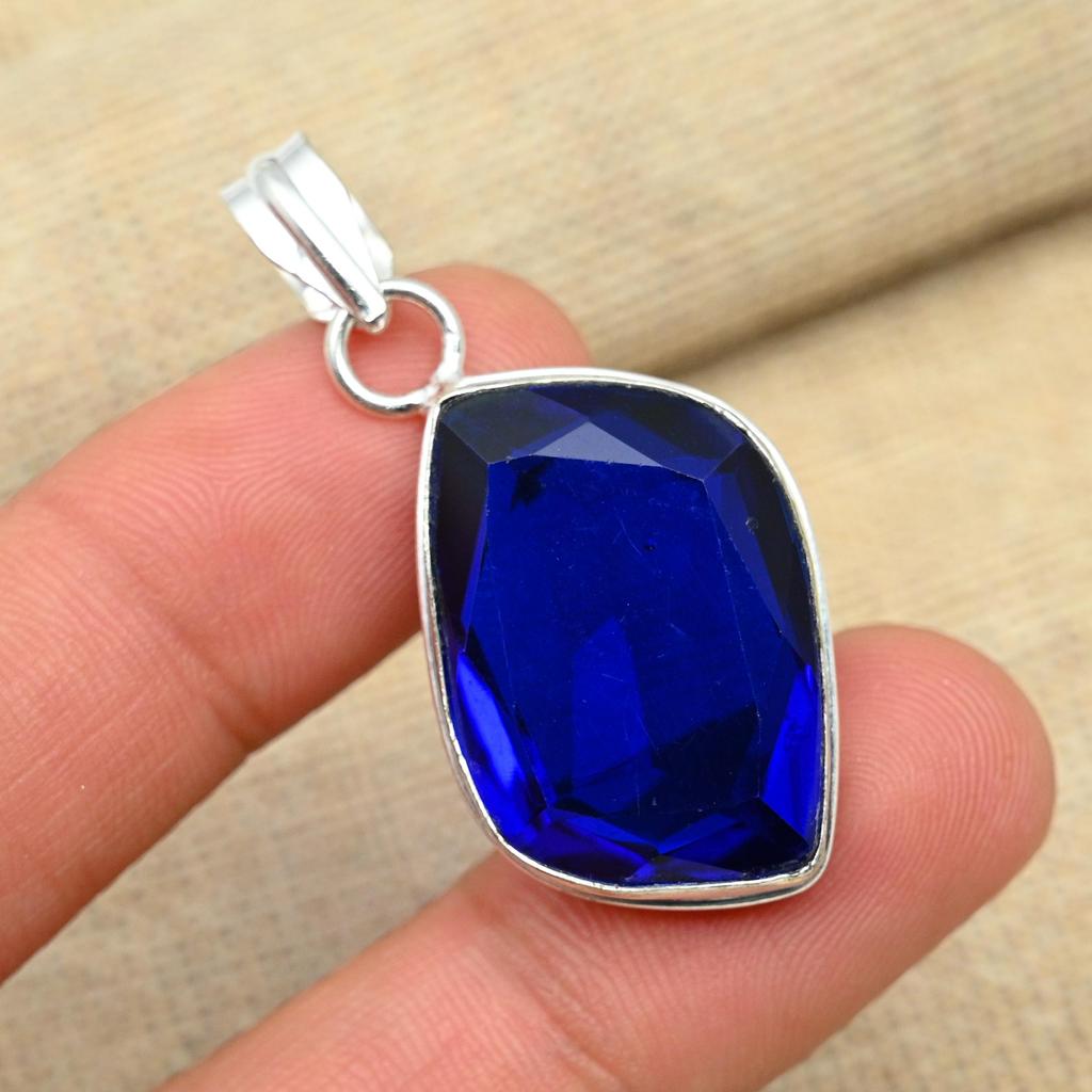 Solid 925 Sterling Silver Blue Sapphire Lab-Created Handmade Jewelry Christmas Gift Pendant