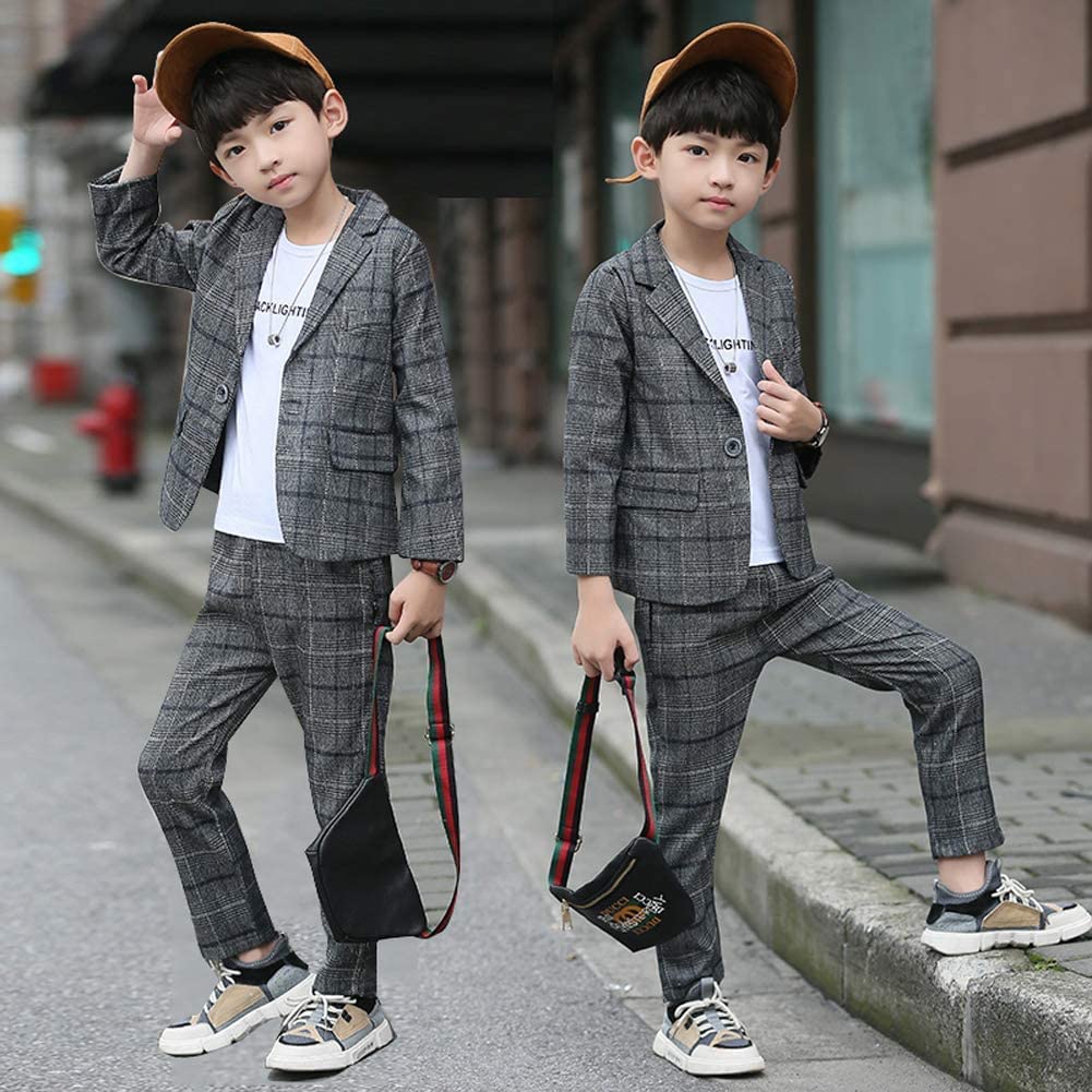 LOLANTA Children's Formal Suit, Boys' Formal Check Pattern 2-Piece Set, Gray, Size 150, for Entrance Ceremonies, Graduations, Recitals, Weddings, and
