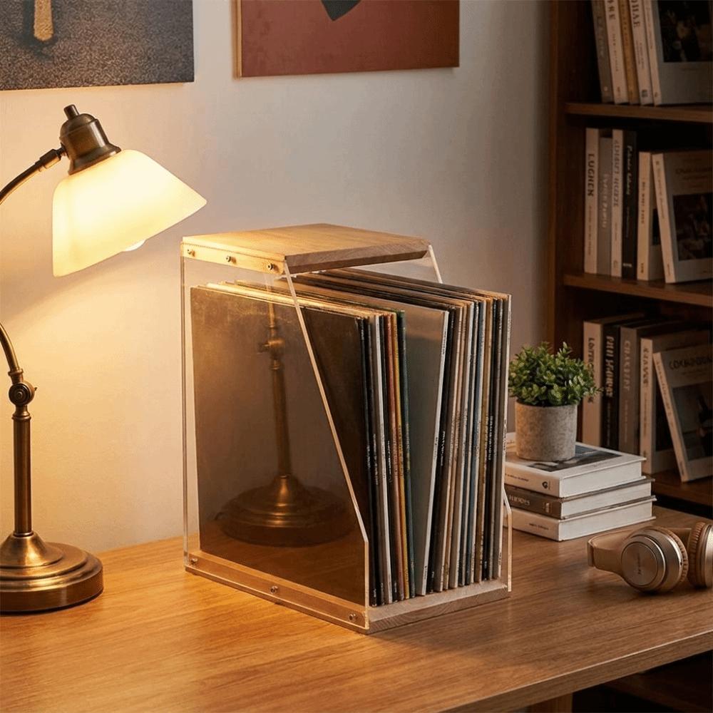 Transparent Design Wooden Record Holder Stable Structure Book Storage Box Organize Collections
