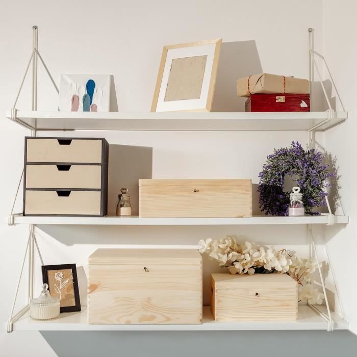 Boîte de rangement - CREATIVE DECO - Non Peint - 40 x 30 x 14 cm - Avec serrure et clé - Bois naturel