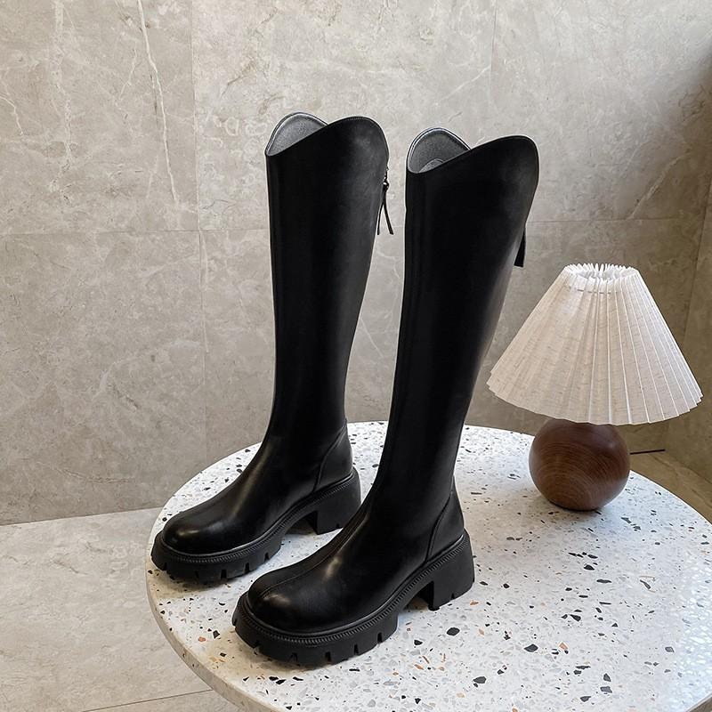 Ботинки женские с V-образным вырезом, но женские рыцарские сапоги до колена, осенне-зимние, новые, тонкие, с круглым носком, толстая подошва, высокие универсальные сапоги