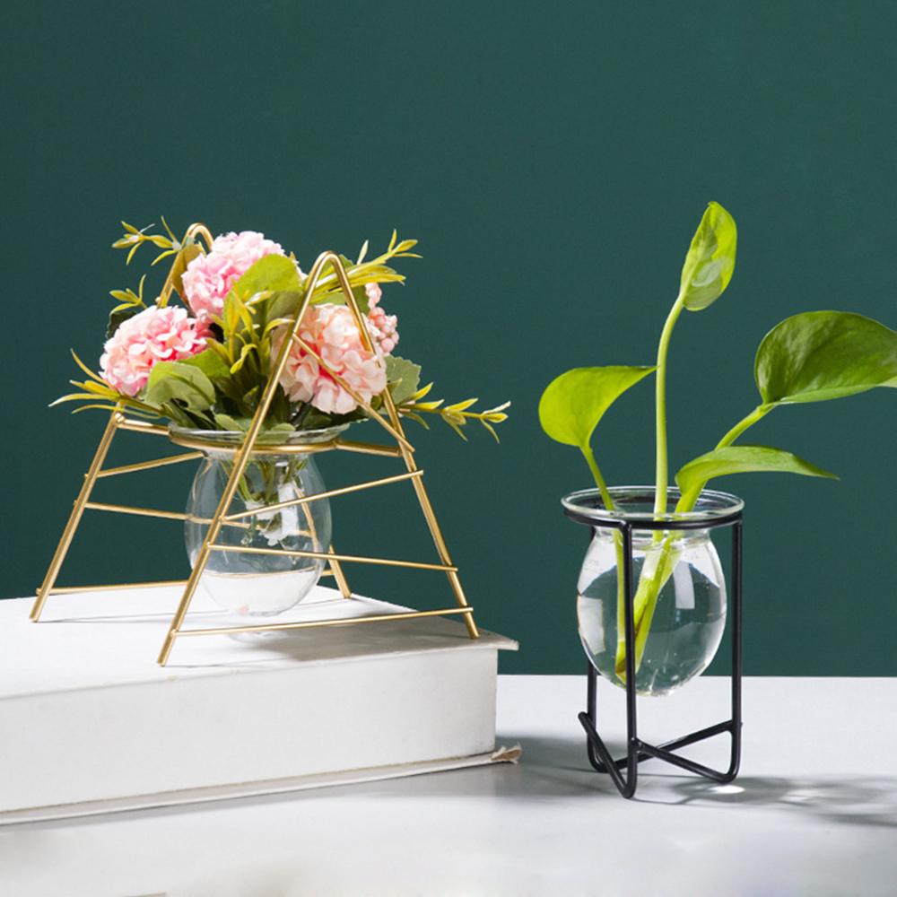 Home Decoration Iron Geometric Pattern Glass Planter Terrarium Metal Holder Hydroponic Vase