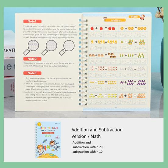 Magic Groove Practice Book Reusable Math Drawing Copybook Number Alphabet Tracing Handwriting Workbook for Children Ages 3-10