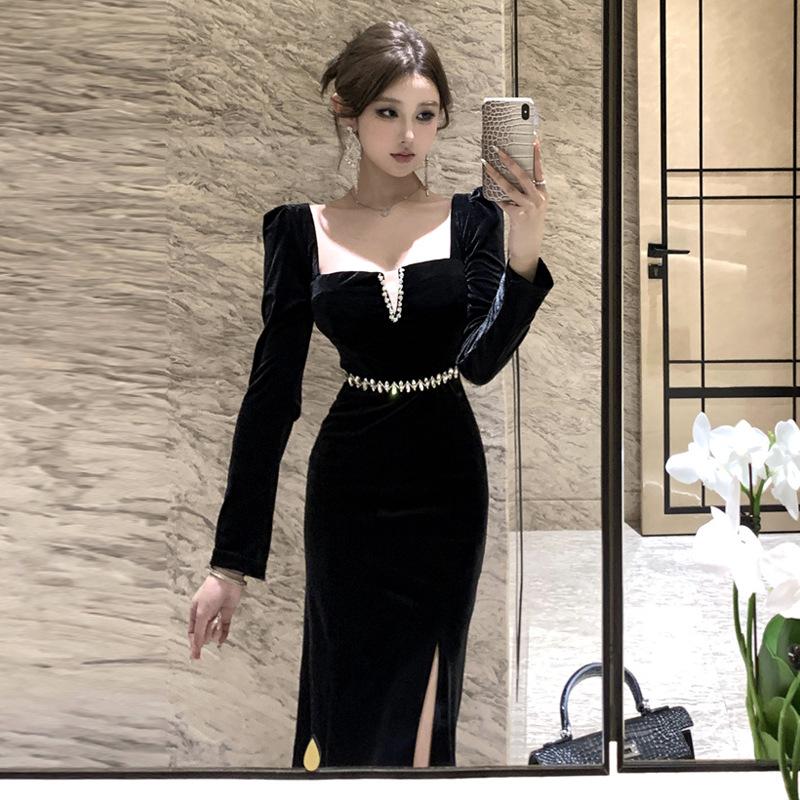 Женское французское знаменитое платье-рубашка из тонкого бархата с разрезом