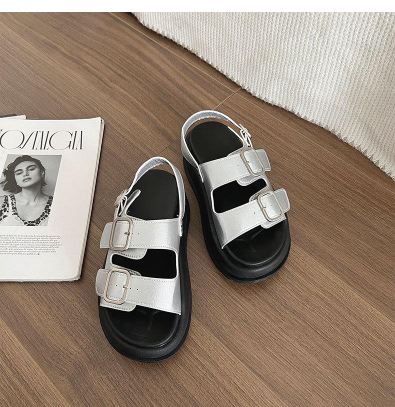 Черные сандалии с одним словом на спортивной платформе, женские, новинка 2025 года, легкая мягкая подошва, увеличивающая высоту голени, римские туфли