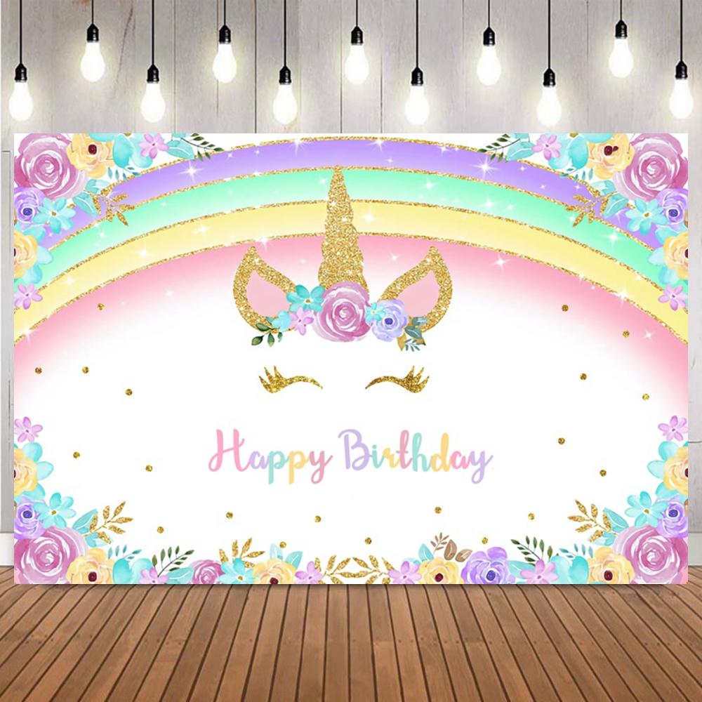 Unicorn Theme Backdrop for Girl Birthday Party Rainbow Floral Princess Baby Shower Birthday Photography Background Photo Props11