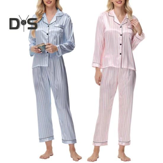 Женский комплект пижамы из 2 предметов из шелкового атласа, топ с пуговицами на лацканах и брюки, свободная рубашка в полоску и брюки с эластичным поясом, одежда для отдыха