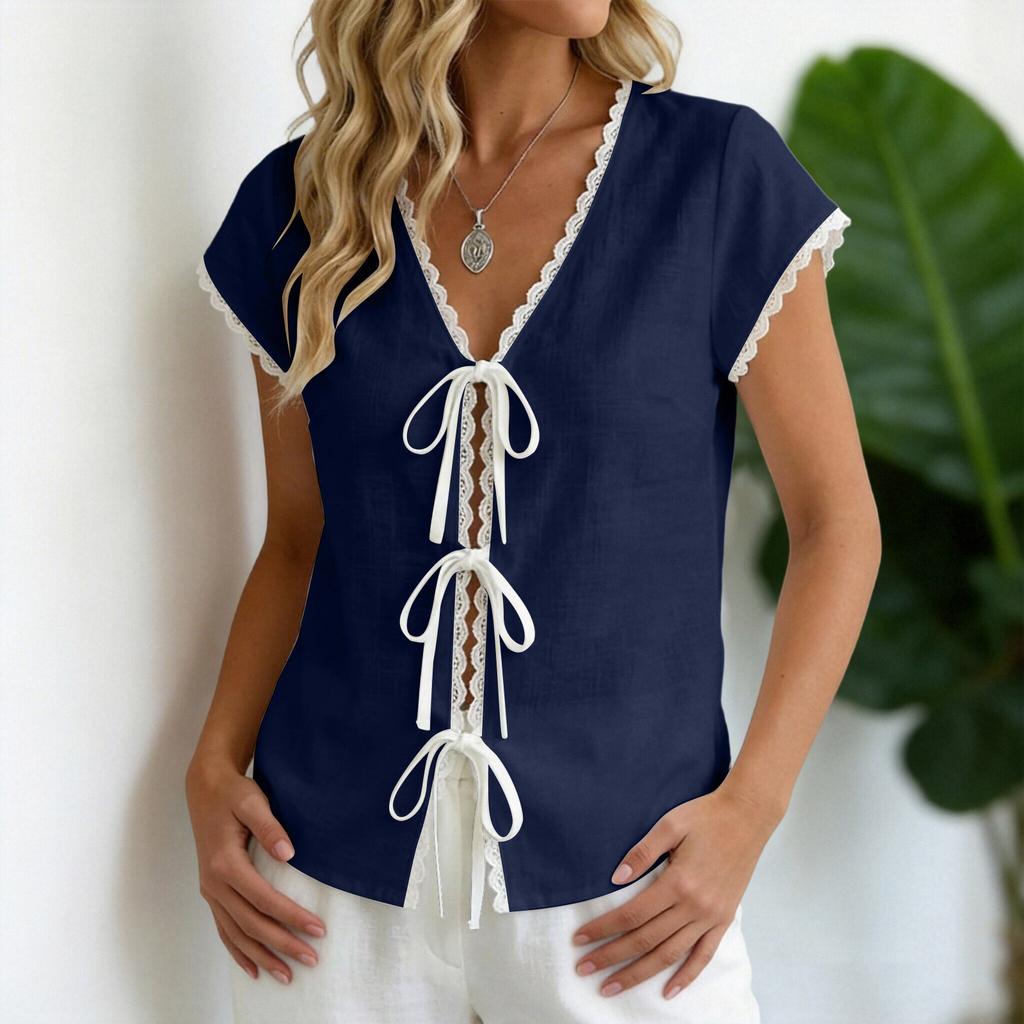 European and American summer new tops casual solid color lace contrasting color short-sleeved lace-up cotton and linen shirts