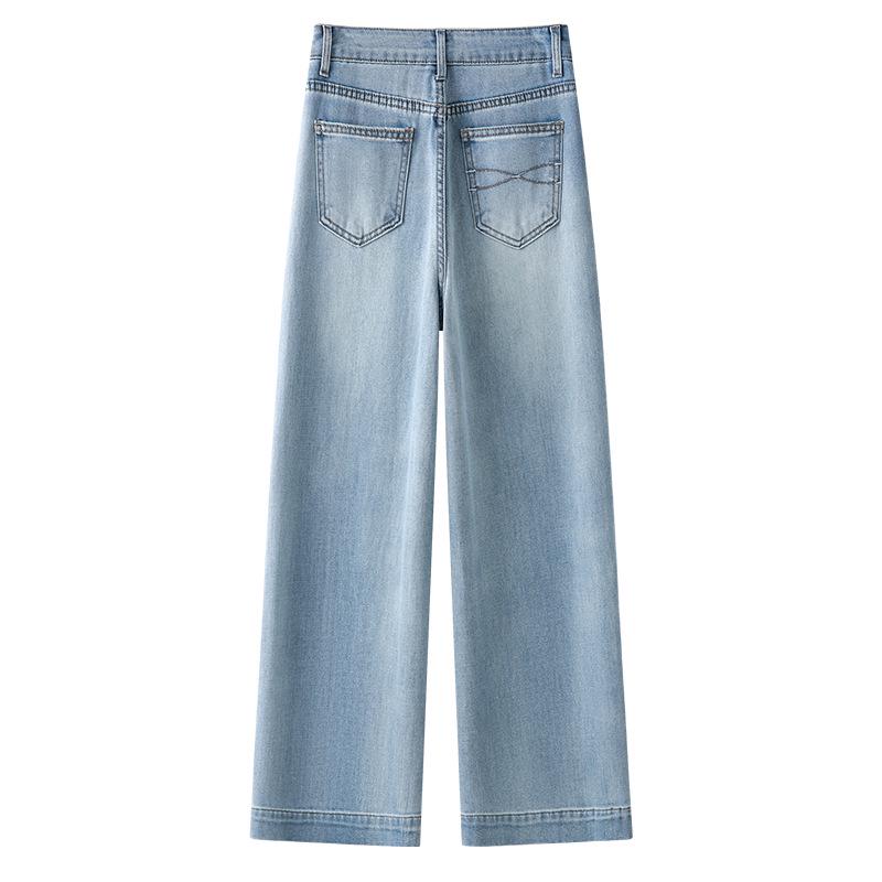 Лето 2025 Женские джинсы из ретро-синего денима с высокой посадкой - Широкие штанины, Слим-фит, Укороченная посадка