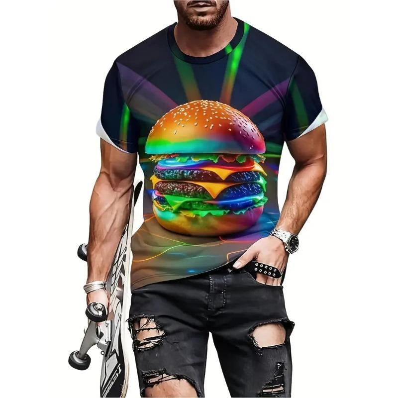 Men's 3D Printed Food Graphic T-Shirts Burgers Fries & Pizza Artistic Design T-shirts Summer Round Neck Short Sleeve Tops