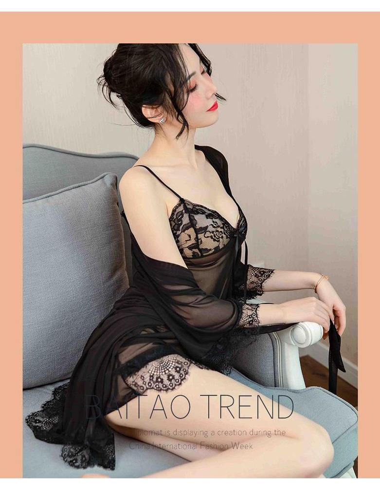 Комплект кружевного нижнего белья большого размера из 3 предметов: Сексуальная летняя ночная сорочка-майка из прозрачного ледяного шелка.