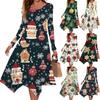 Women's Christmas Printed Round Neck Long Sleeve Casual Slim Irregular Hem Pleated Dress