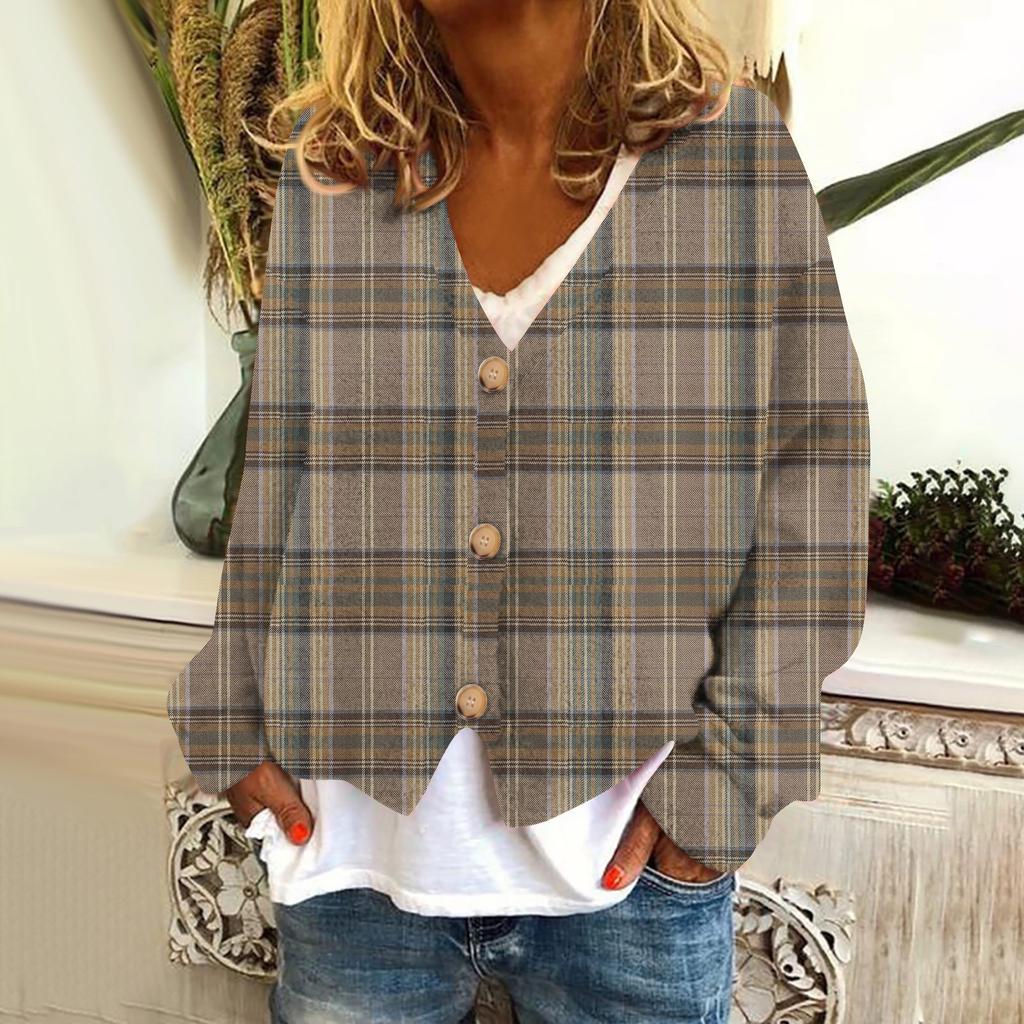 Women's Fashion Short Jacket Casual Long Sleeve Plaid Print Single Breasted Plush Top