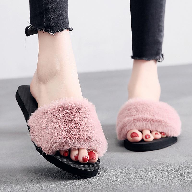 Женские легкие меховые тапочки в корейском стиле: Теплый хлопок с плоской подошвой для осени и зимы