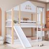 Bunk Bed with Fence Anti-fall Device Characteristic Windows Ladder Wood Frame Family Loft Bed Home