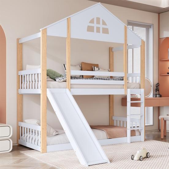 Bunk Bed with Fence Anti-fall Device Characteristic Windows Ladder Wood Frame Family Loft Bed Home