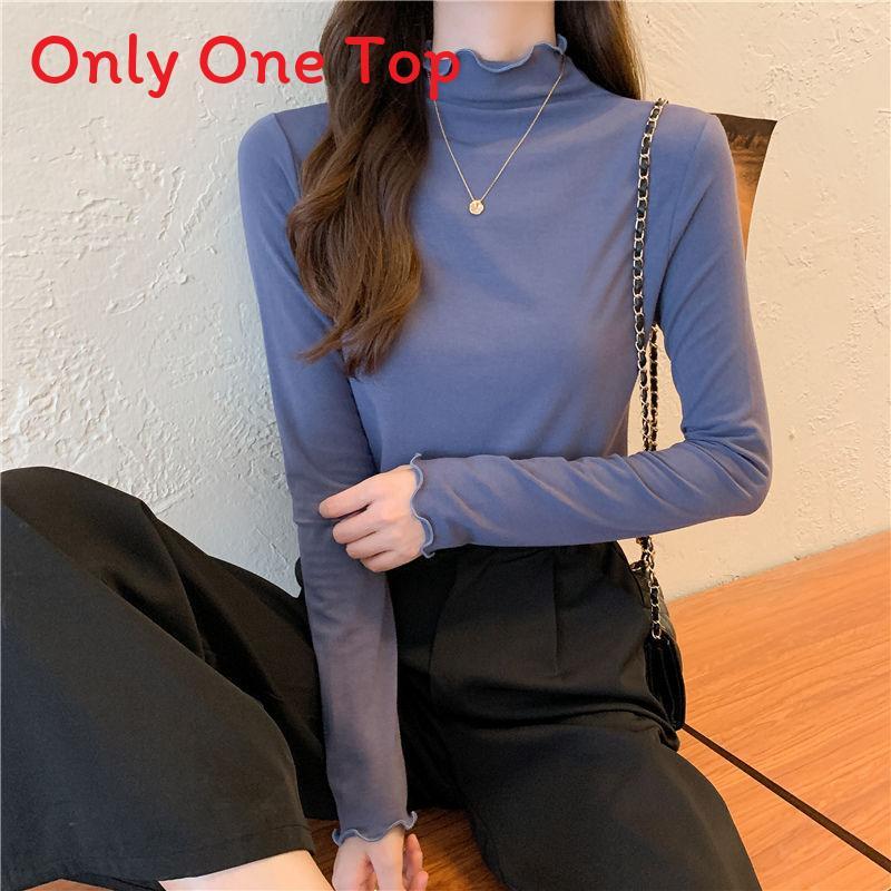 Spring Autumn Winter Knitwear T Shirt For Women With Wood Ears Trim And Half High Neck In Soft Fabric