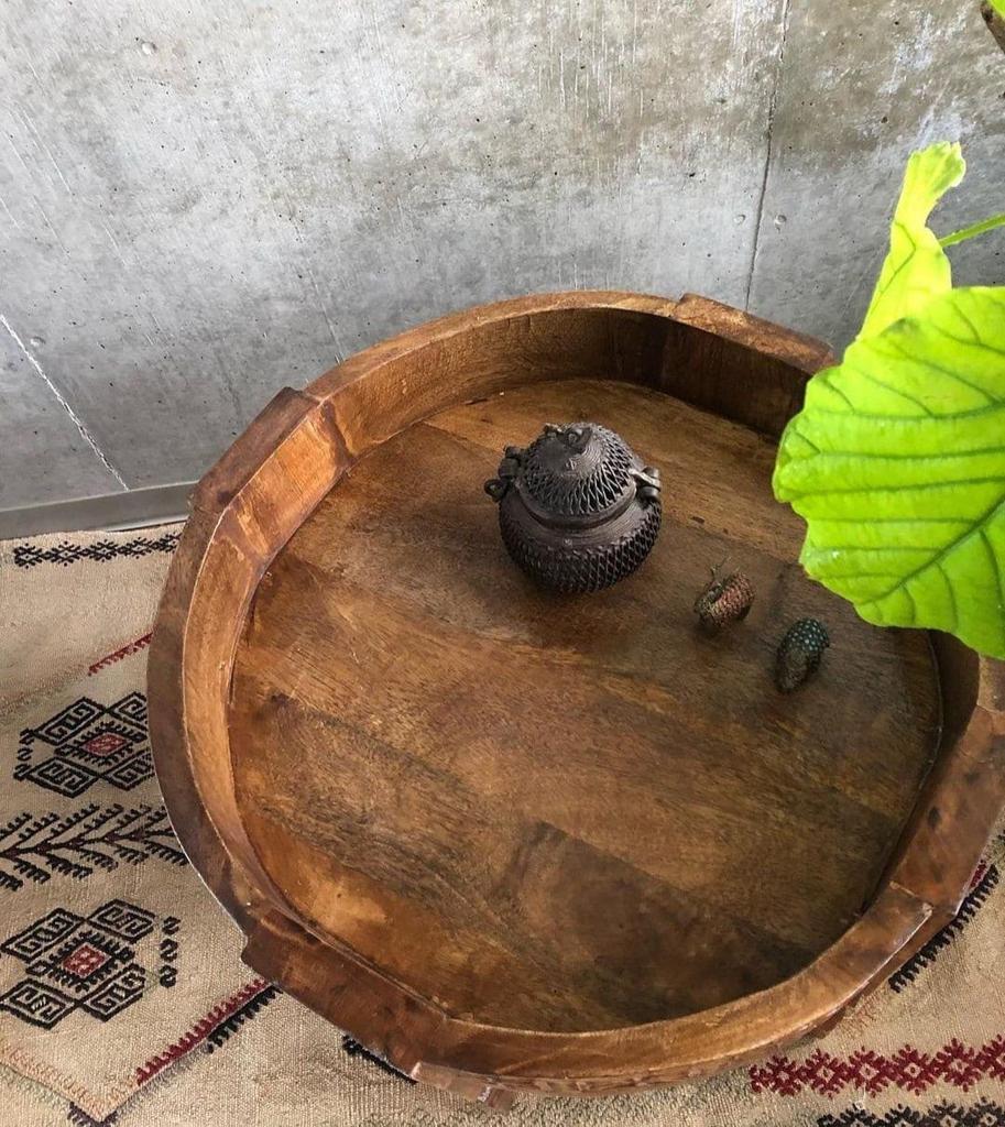 Wood Round Carved Coffee Table - Beautifull Side End table For Home Decor Furniture, Indian Central Ethnic Home Decor Table - Chakki Grinder