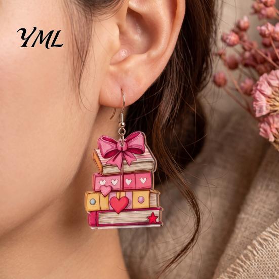 Statement Earrings for Women 1 Pair Acrylic Book Women, Vintage Stacking with Pink Chic School Season Accessories Bow And Heart, Funny Dangle Jewelry,